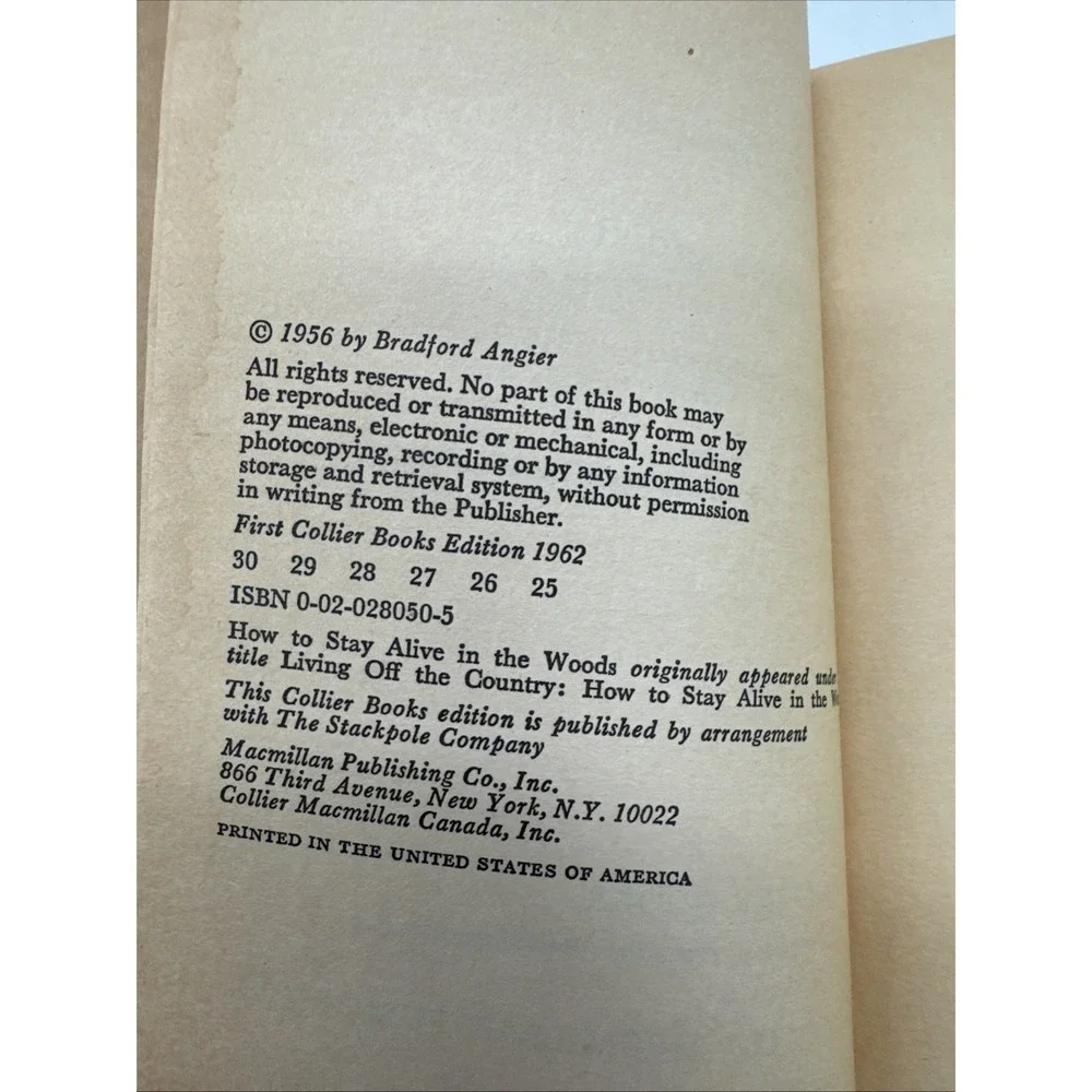 How to Stay Alive in the Woods Bradford Angier 1962 Collier Pb Prepper Survival
